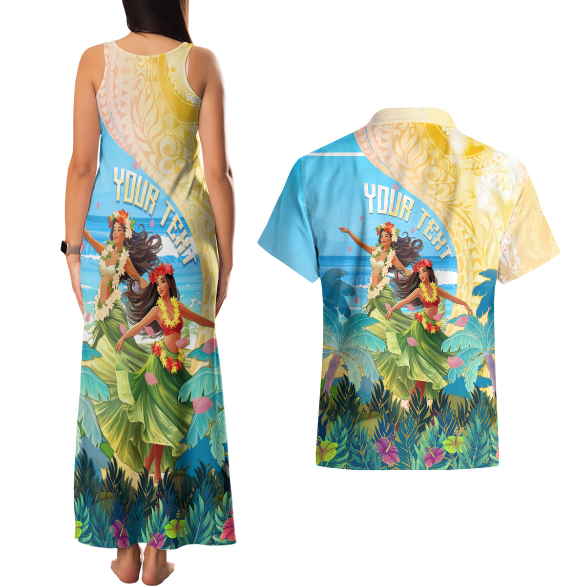 Personalised Hawaii Honolulu Festival Couples Matching Tank Maxi Dress and Hawaiian Shirt Hula Girls Tropical Vibe LT05 - Polynesian Pride