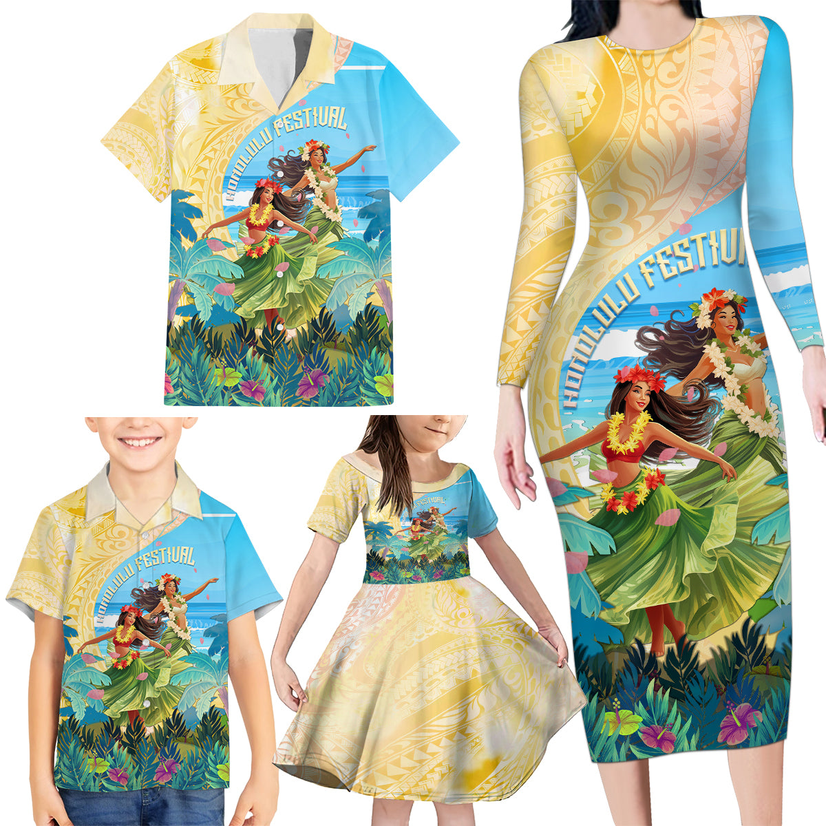 Personalised Hawaii Honolulu Festival Family Matching Long Sleeve Bodycon Dress and Hawaiian Shirt Hula Girls Tropical Vibe LT05 - Polynesian Pride