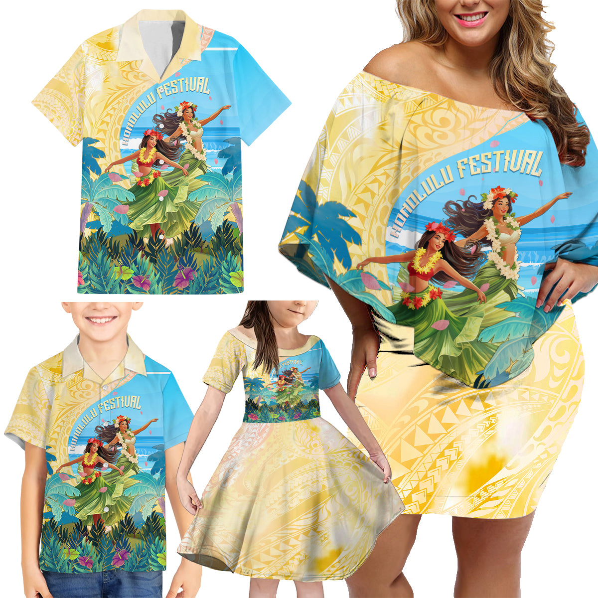 Personalised Hawaii Honolulu Festival Family Matching Off Shoulder Short Dress and Hawaiian Shirt Hula Girls Tropical Vibe LT05 - Polynesian Pride