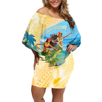 Personalised Hawaii Honolulu Festival Family Matching Off Shoulder Short Dress and Hawaiian Shirt Hula Girls Tropical Vibe LT05 Mom's Dress Blue - Polynesian Pride