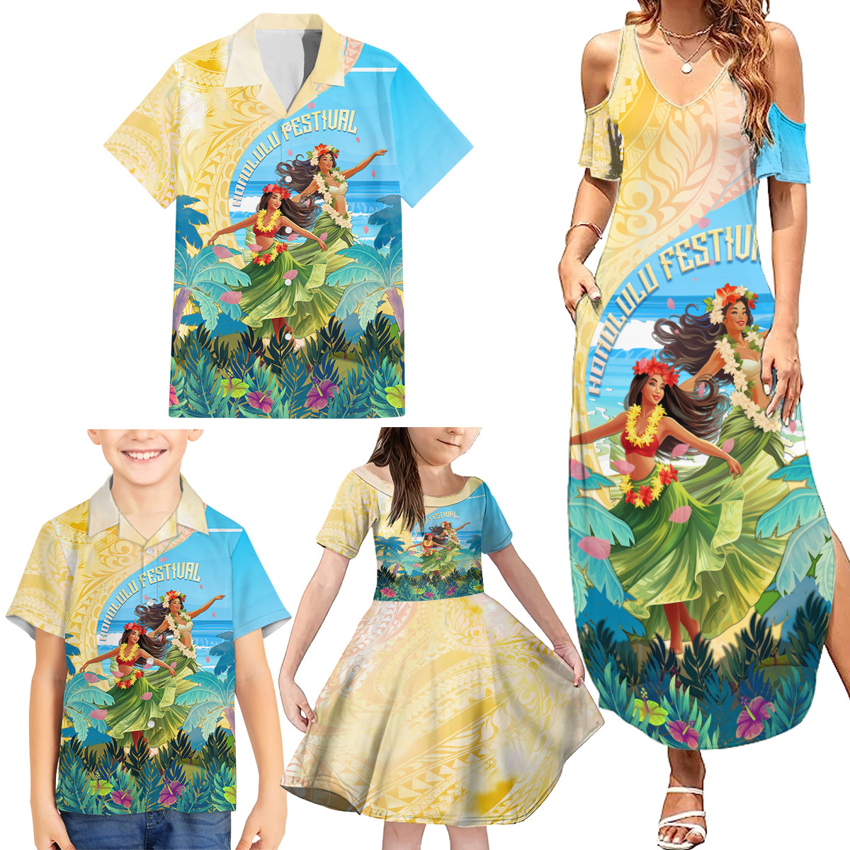 Personalised Hawaii Honolulu Festival Family Matching Summer Maxi Dress and Hawaiian Shirt Hula Girls Tropical Vibe LT05 - Polynesian Pride