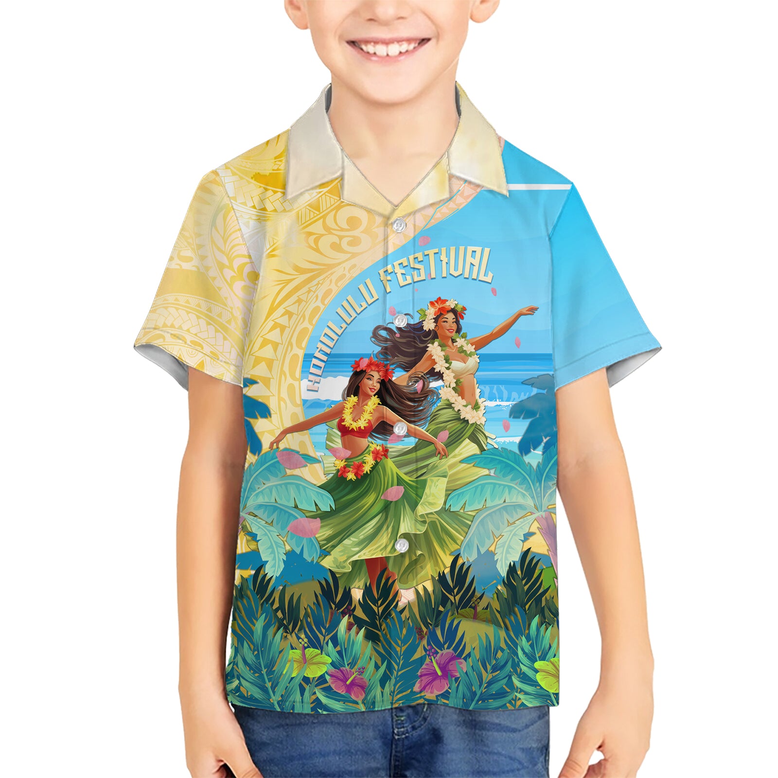 Personalised Hawaii Honolulu Festival Kid Hawaiian Shirt Hula Girls Tropical Vibe LT05 Kid Blue - Polynesian Pride