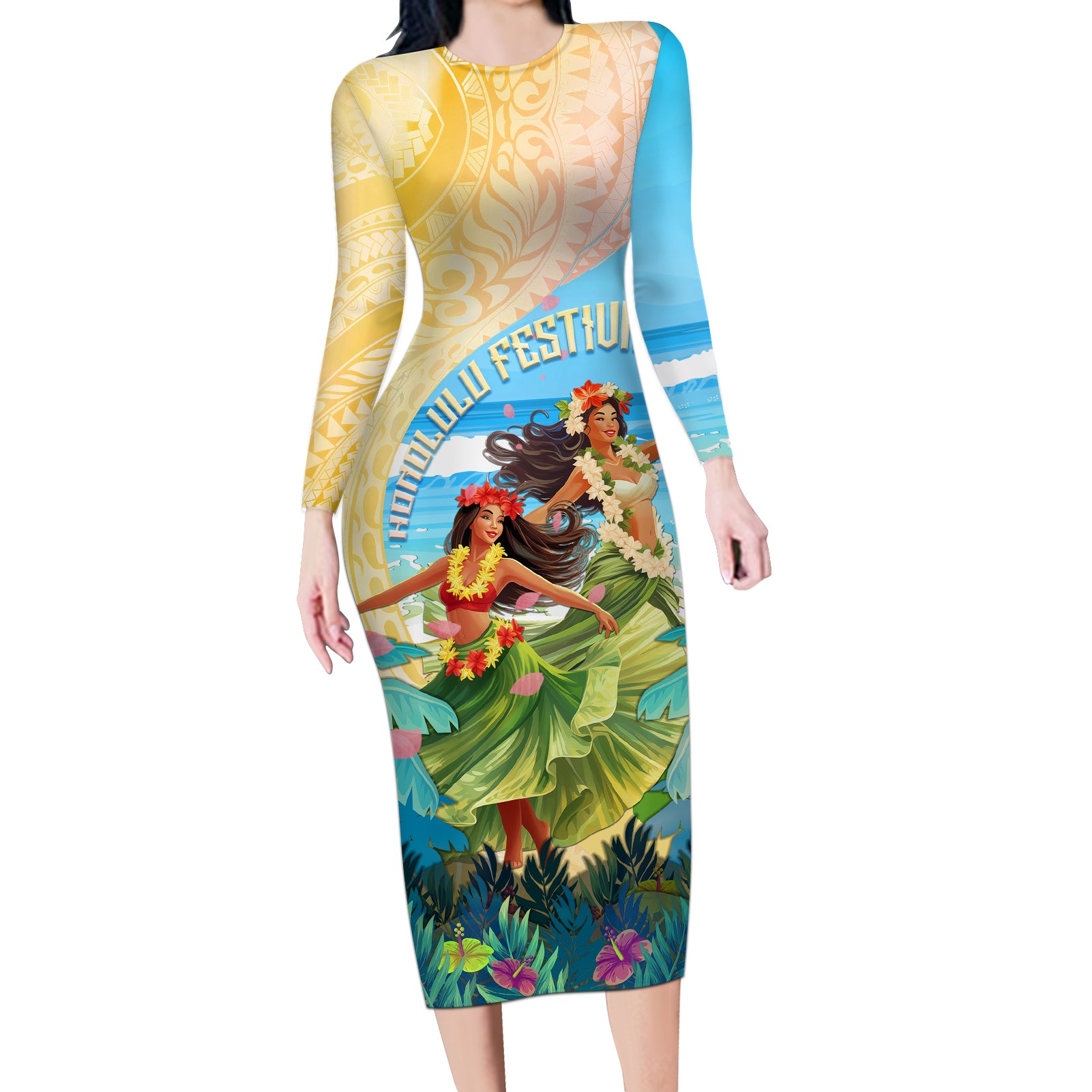 Personalised Hawaii Honolulu Festival Long Sleeve Bodycon Dress Hula Girls Tropical Vibe LT05 Long Dress Blue - Polynesian Pride