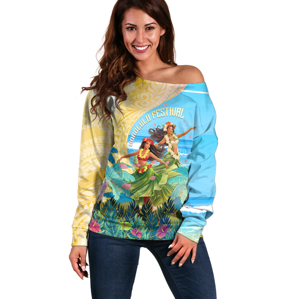 Personalised Hawaii Honolulu Festival Off Shoulder Sweater Hula Girls Tropical Vibe LT05 Women Blue - Polynesian Pride