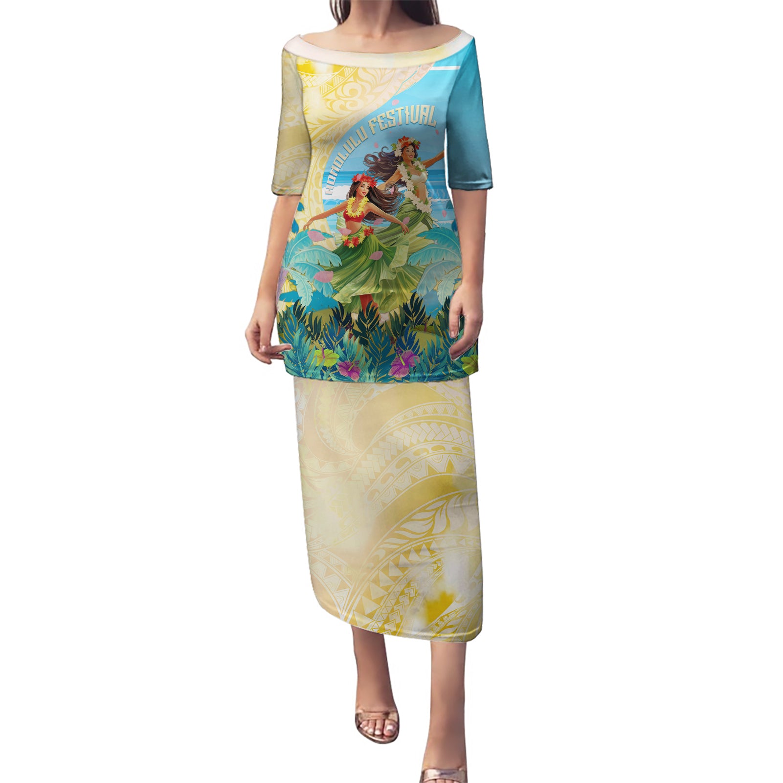 Personalised Hawaii Honolulu Festival Puletasi Hula Girls Tropical Vibe LT05 Long Dress Blue - Polynesian Pride