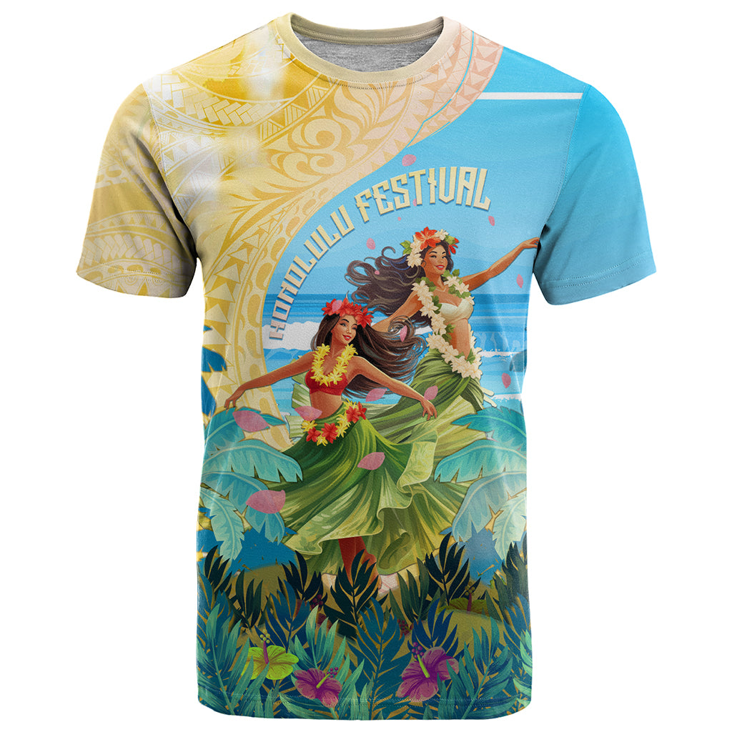 Personalised Hawaii Honolulu Festival T Shirt Hula Girls Tropical Vibe LT05 Blue - Polynesian Pride