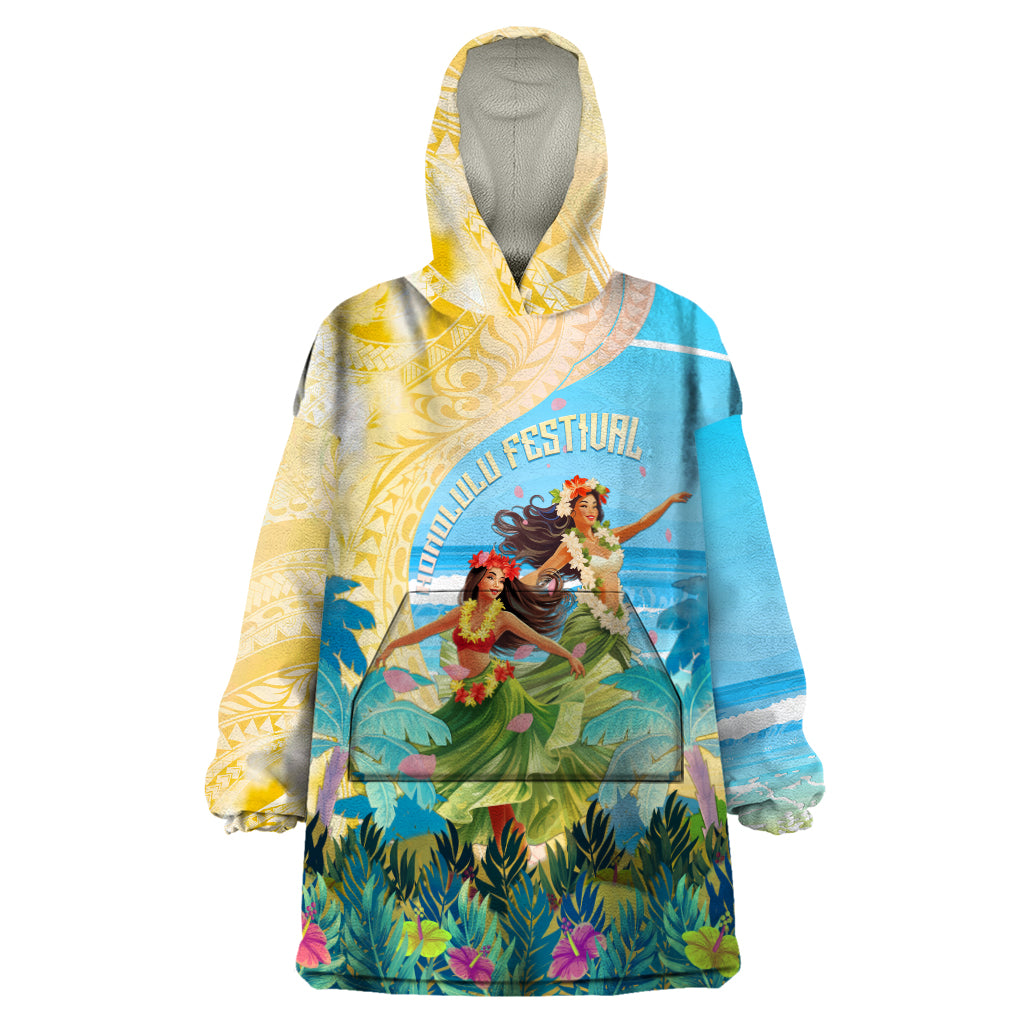 Personalised Hawaii Honolulu Festival Wearable Blanket Hoodie Hula Girls Tropical Vibe LT05 One Size Blue - Polynesian Pride