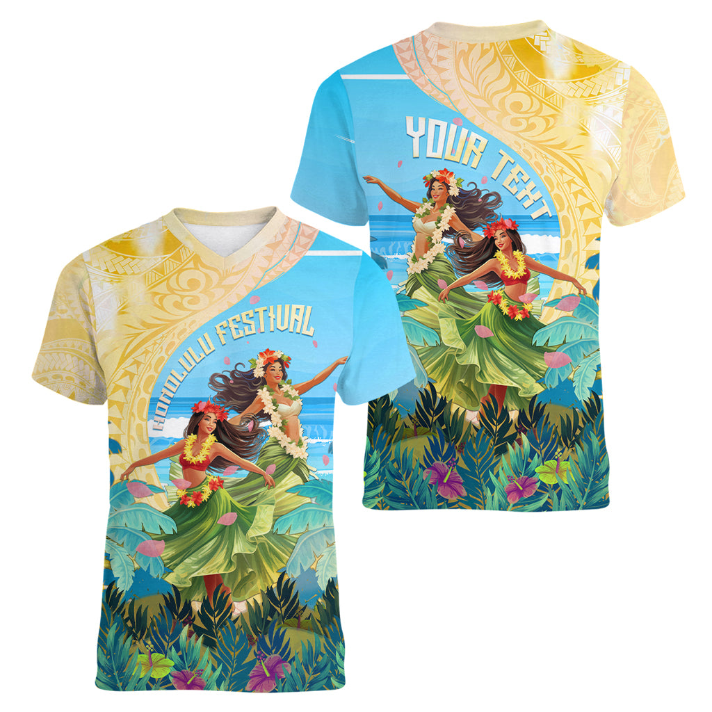Personalised Hawaii Honolulu Festival Women V Neck T Shirt Hula Girls Tropical Vibe LT05 - Polynesian Pride