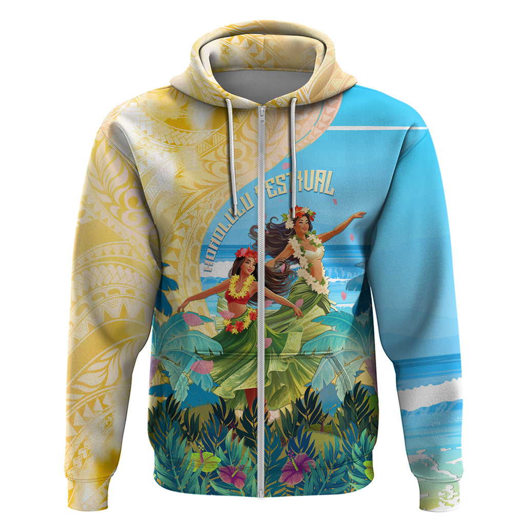 Personalised Hawaii Honolulu Festival Zip Hoodie Hula Girls Tropical Vibe LT05 Zip Hoodie Blue - Polynesian Pride