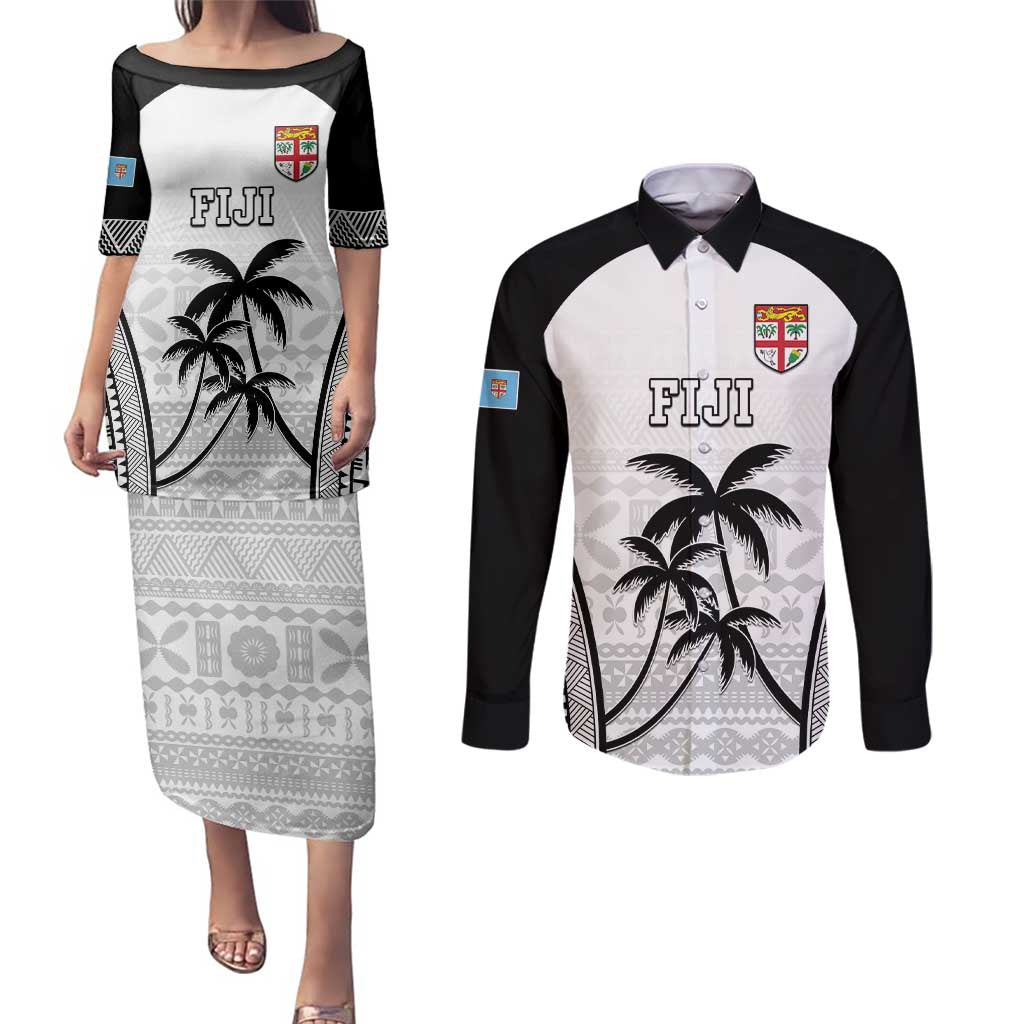 Custom Fiji Tapa Football Couples Matching Puletasi and Long Sleeve Button Shirt Sporty Style