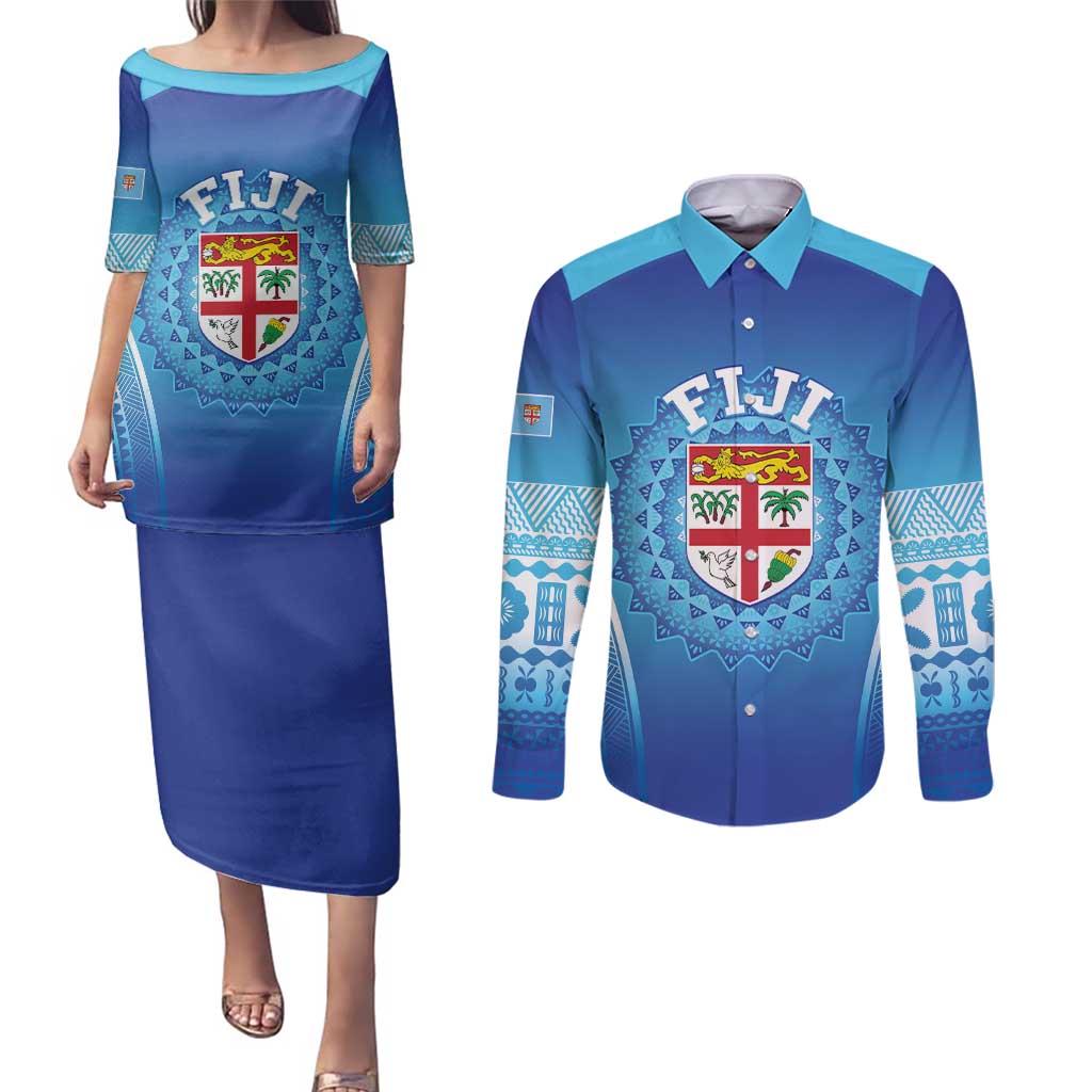 Custom Fiji Football Couples Matching Puletasi and Long Sleeve Button Shirt Fijian Tapa Pattern