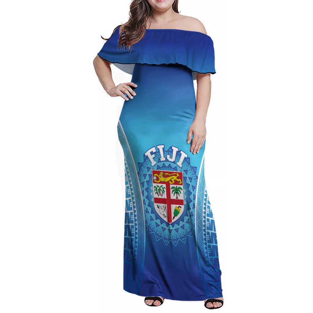 Custom Fiji Football Family Matching Off Shoulder Maxi Dress and Hawaiian Shirt Fijian Tapa Pattern