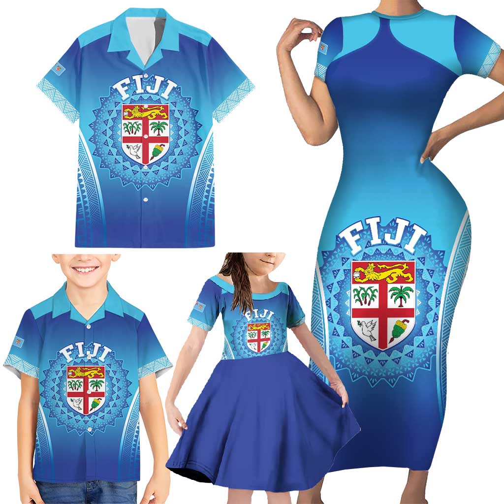 Custom Fiji Football Family Matching Short Sleeve Bodycon Dress and Hawaiian Shirt Fijian Tapa Pattern