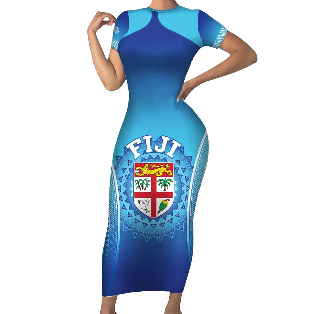 Custom Fiji Football Family Matching Short Sleeve Bodycon Dress and Hawaiian Shirt Fijian Tapa Pattern