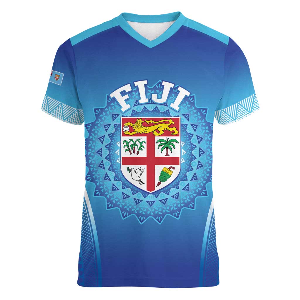 Custom Fiji Football Women V-Neck T-Shirt Fijian Tapa Pattern