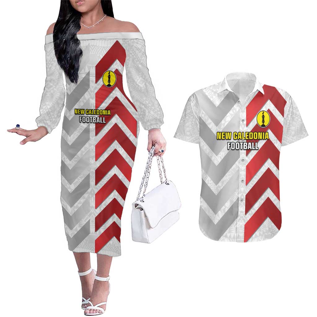 Custom New Caledonia Football Couples Matching Off The Shoulder Long Sleeve Dress and Hawaiian Shirt Unique Style