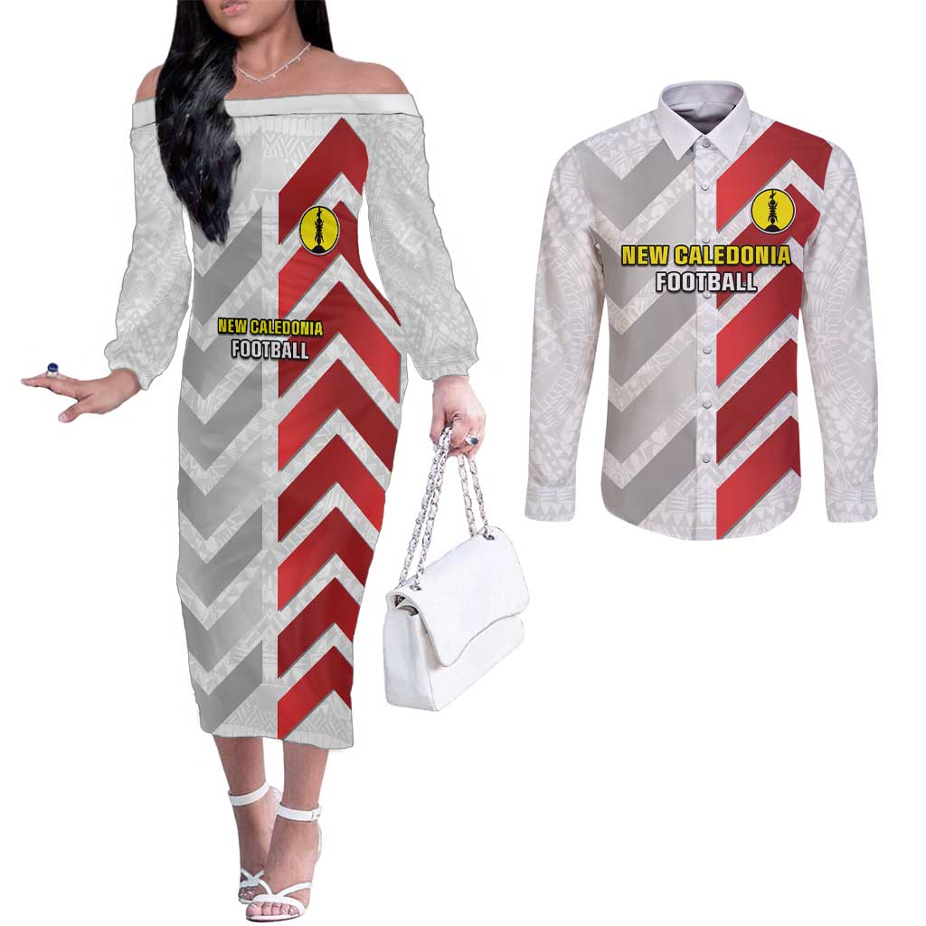 Custom New Caledonia Football Couples Matching Off The Shoulder Long Sleeve Dress and Long Sleeve Button Shirt Unique Style