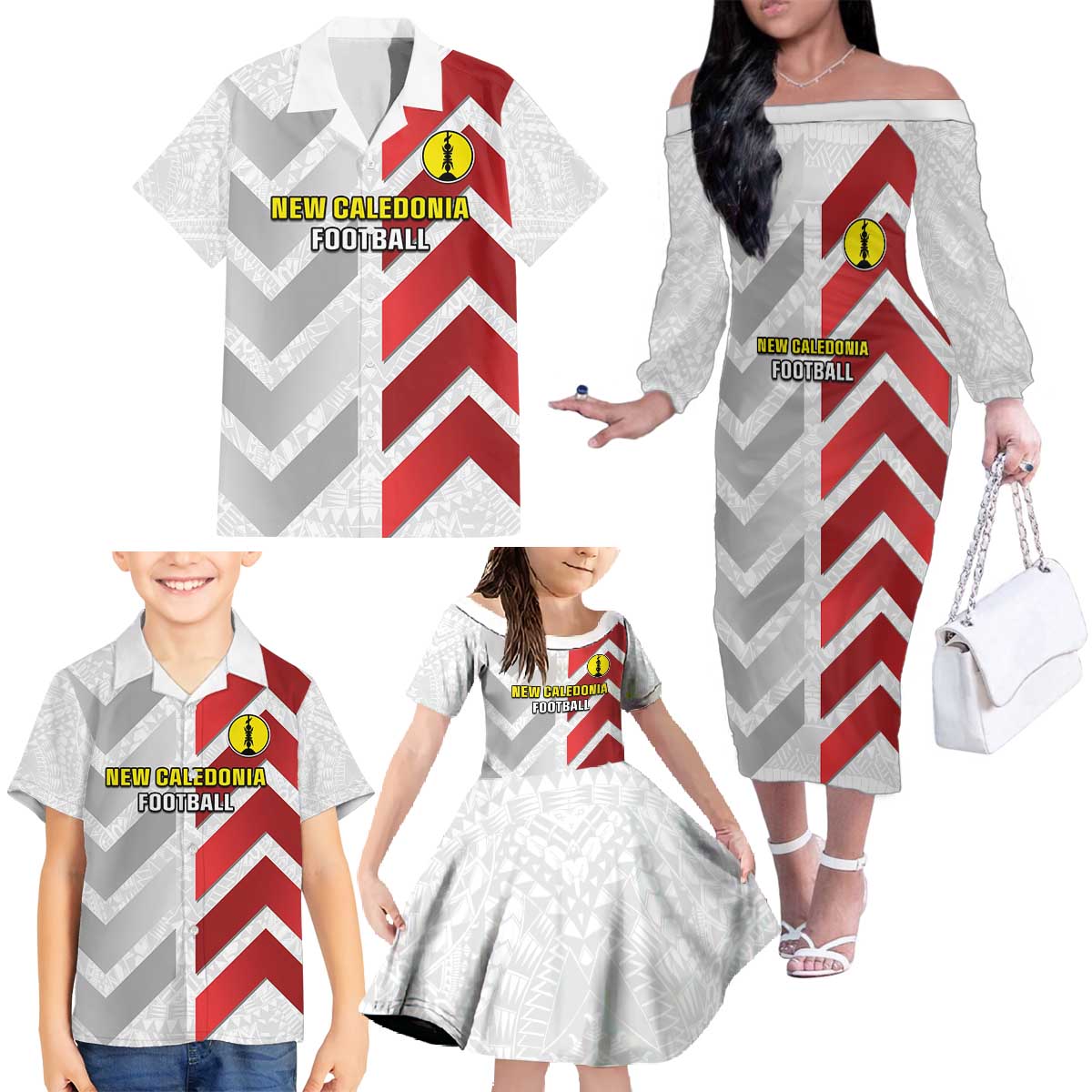 Custom New Caledonia Football Family Matching Off The Shoulder Long Sleeve Dress and Hawaiian Shirt Unique Style