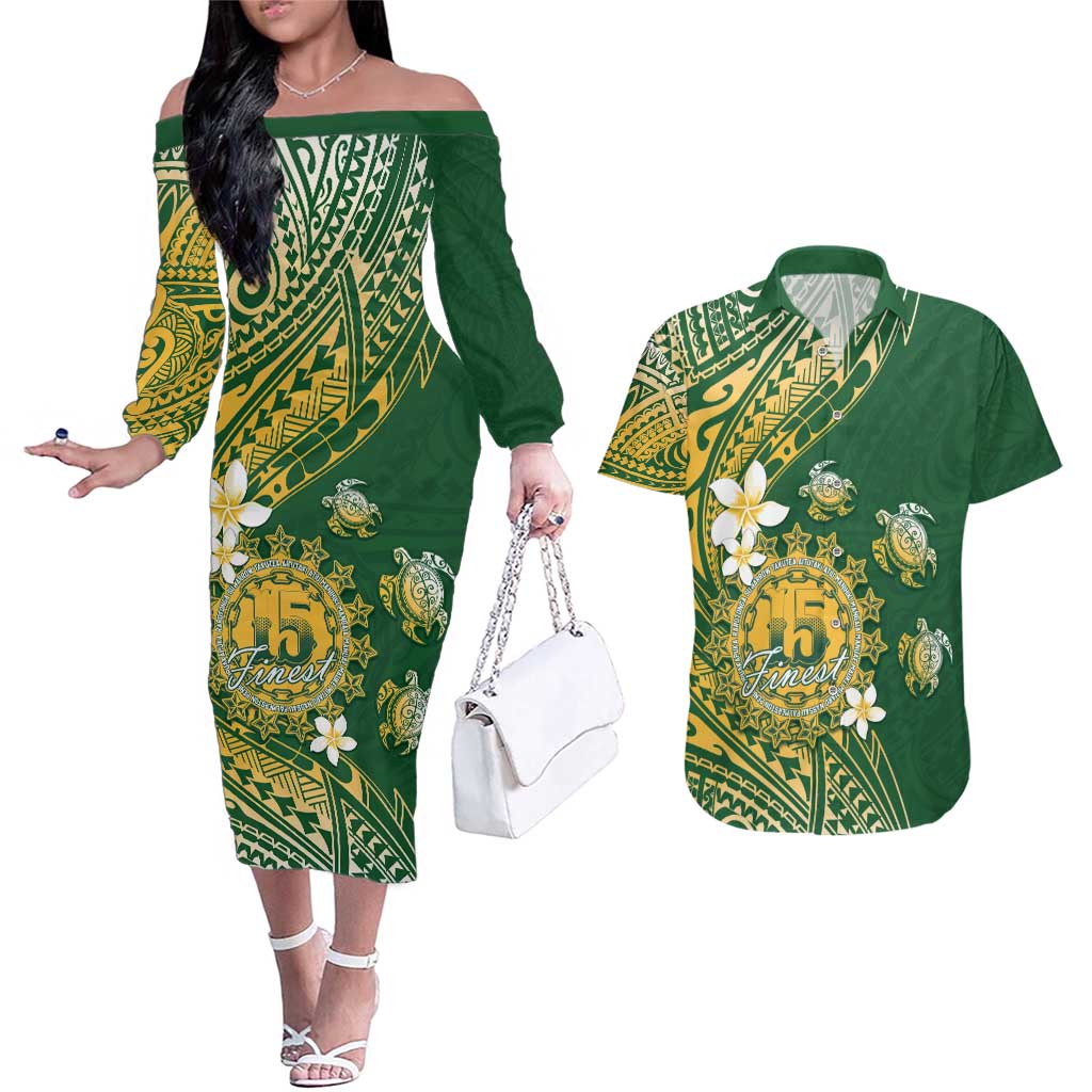 Cook Islands 15 Finest Couples Matching Off The Shoulder Long Sleeve Dress and Hawaiian Shirt Plumeria Polynesian Turtle LT05 Green - Polynesian Pride