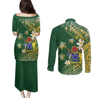Cook Islands 15 Finest Couples Matching Puletasi and Long Sleeve Button Shirt Plumeria Polynesian Turtle LT05 - Polynesian Pride