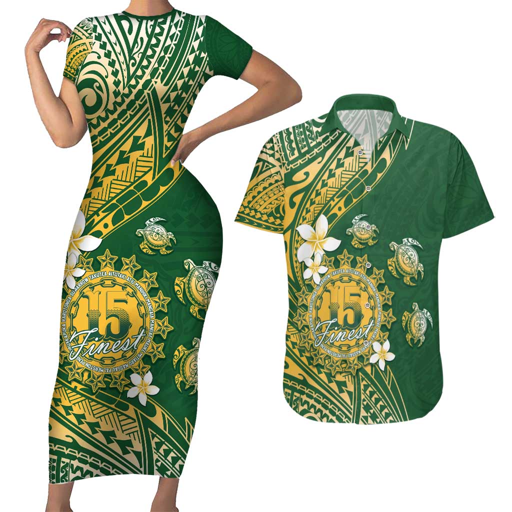Cook Islands 15 Finest Couples Matching Short Sleeve Bodycon Dress and Hawaiian Shirt Plumeria Polynesian Turtle LT05 Green - Polynesian Pride