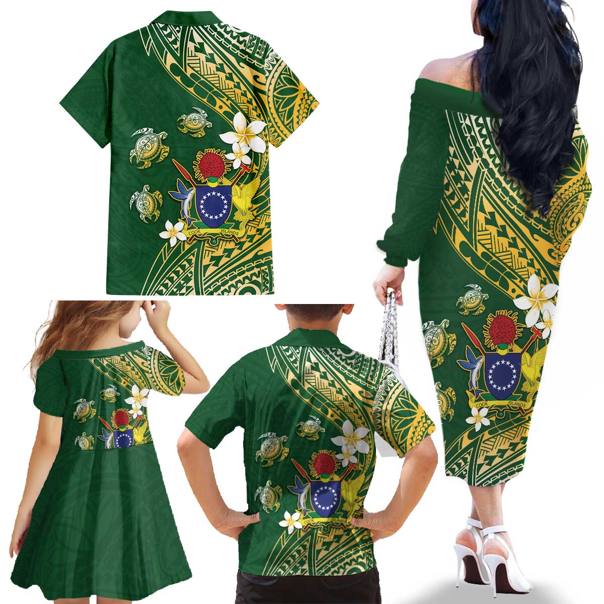 Cook Islands 15 Finest Family Matching Off The Shoulder Long Sleeve Dress and Hawaiian Shirt Plumeria Polynesian Turtle