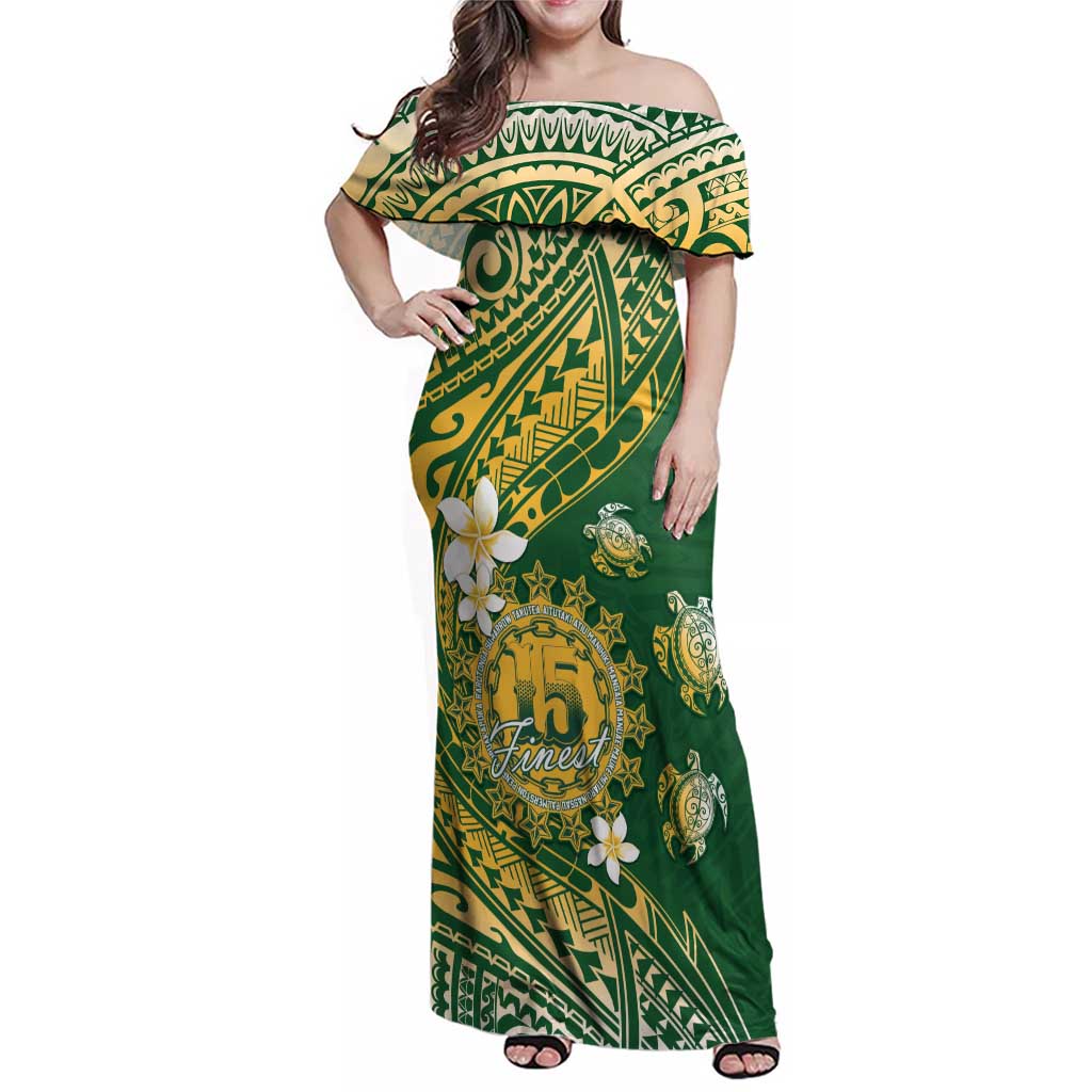 Cook Islands 15 Finest Family Matching Off Shoulder Maxi Dress and Hawaiian Shirt Plumeria Polynesian Turtle