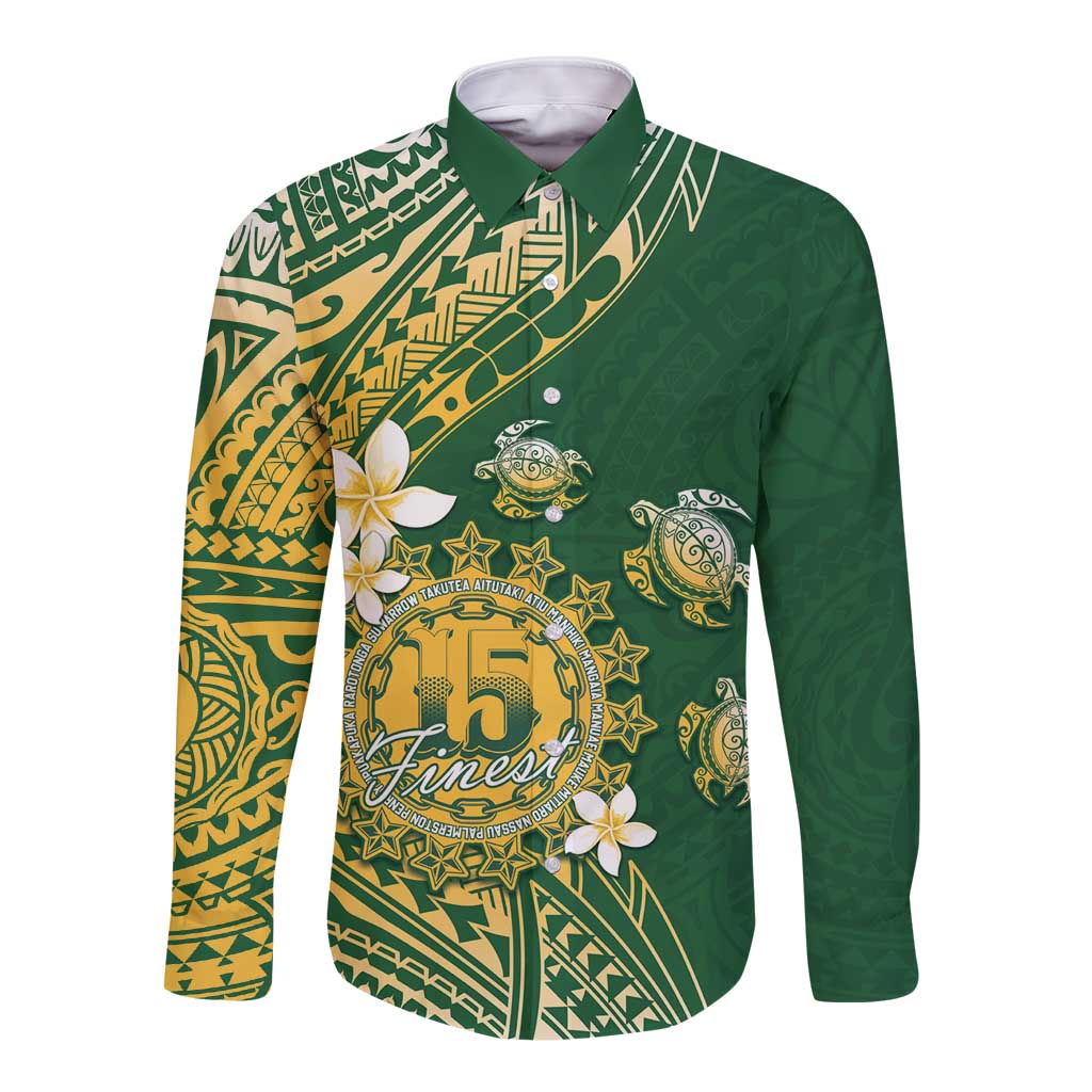Cook Islands 15 Finest Long Sleeve Button Shirt Plumeria Polynesian Turtle LT05 Unisex Green - Polynesian Pride