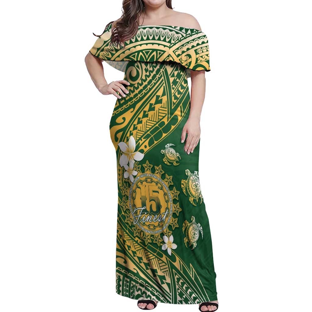 Cook Islands 15 Finest Off Shoulder Maxi Dress Plumeria Polynesian Turtle LT05 Women Green - Polynesian Pride