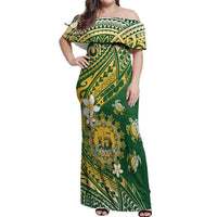 Cook Islands 15 Finest Off Shoulder Maxi Dress Plumeria Polynesian Turtle LT05 Women Green - Polynesian Pride
