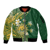 Cook Islands 15 Finest Sleeve Zip Bomber Jacket Plumeria Polynesian Turtle