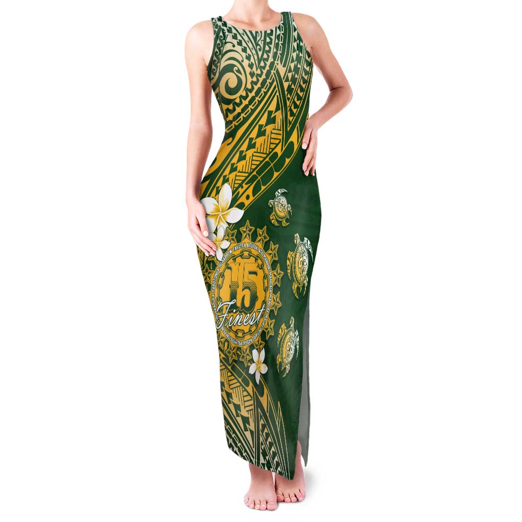Cook Islands 15 Finest Tank Maxi Dress Plumeria Polynesian Turtle LT05 Women Green - Polynesian Pride