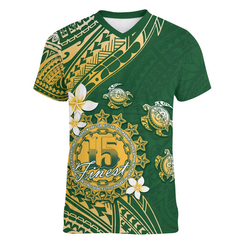 Cook Islands 15 Finest Women V-Neck T-Shirt Plumeria Polynesian Turtle LT05 Female Green - Polynesian Pride
