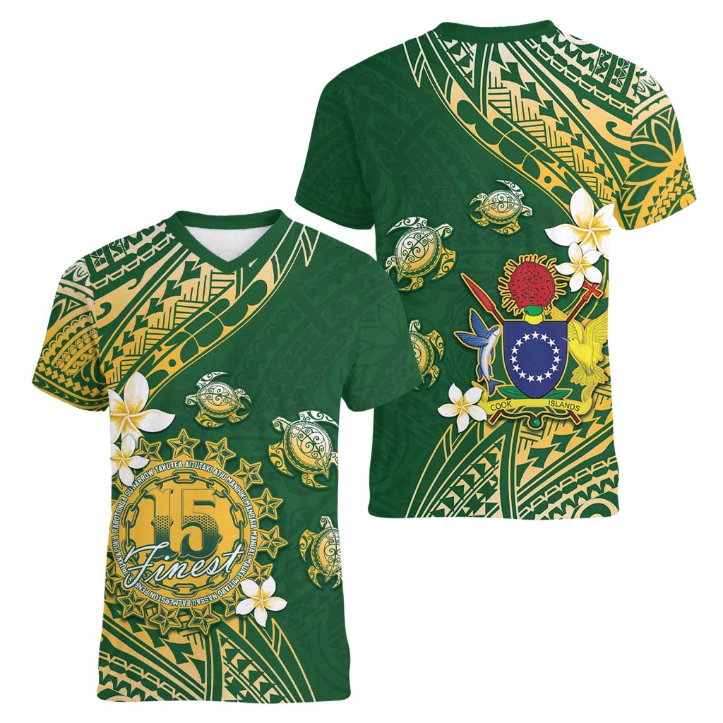 Cook Islands 15 Finest Women V-Neck T-Shirt Plumeria Polynesian Turtle LT05 - Polynesian Pride