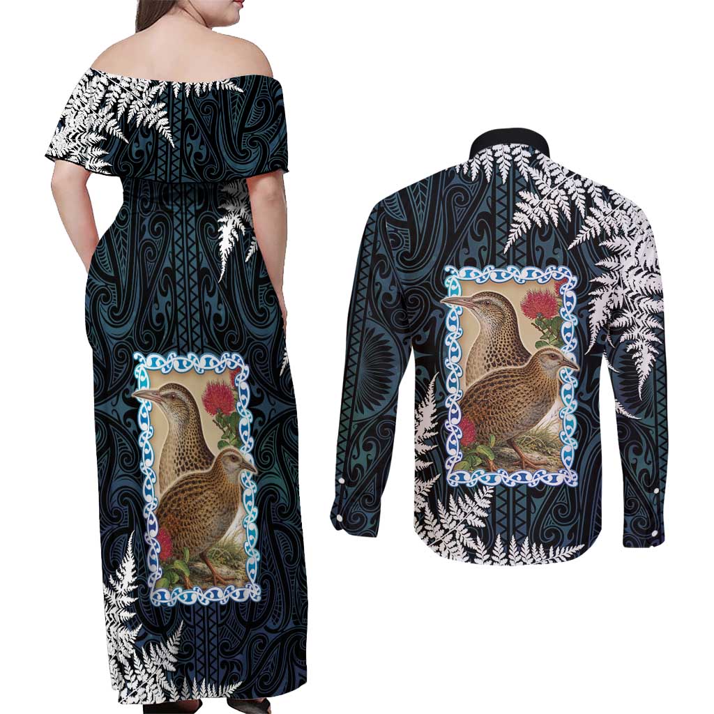 New Zealand Weka Couples Matching Off Shoulder Maxi Dress and Long Sleeve Button Shirt Maori Hen Koru Pattern LT05 - Polynesian Pride