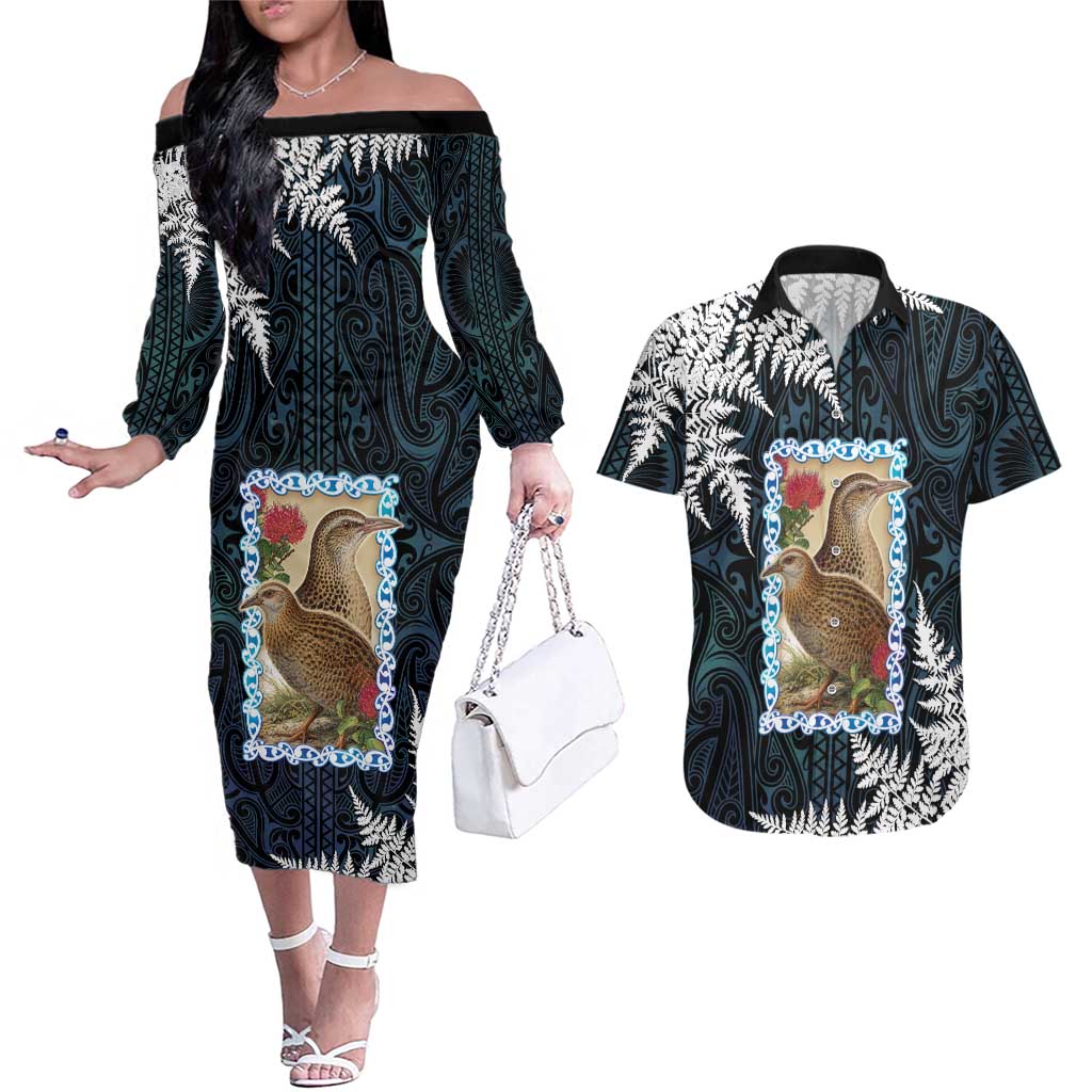 New Zealand Weka Couples Matching Off The Shoulder Long Sleeve Dress and Hawaiian Shirt Maori Hen Koru Pattern LT05 Black - Polynesian Pride