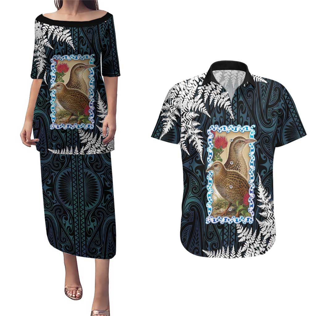 New Zealand Weka Couples Matching Puletasi and Hawaiian Shirt Maori Hen Koru Pattern LT05 Black - Polynesian Pride