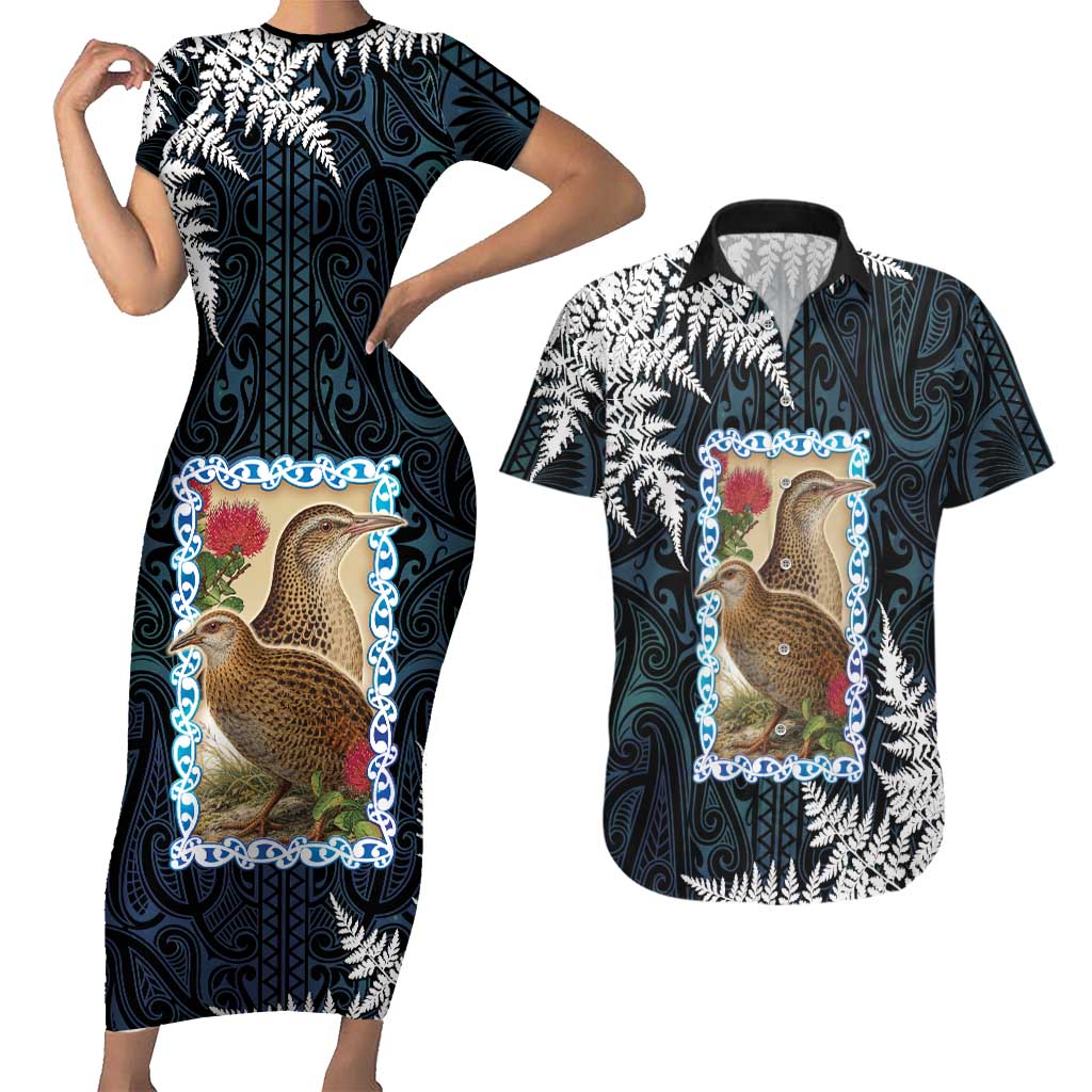 New Zealand Weka Couples Matching Short Sleeve Bodycon Dress and Hawaiian Shirt Maori Hen Koru Pattern - Polynesian Pride