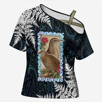 New Zealand Weka Cross Shoulder Shirt Maori Hen Koru Pattern LT05 Female Black - Polynesian Pride