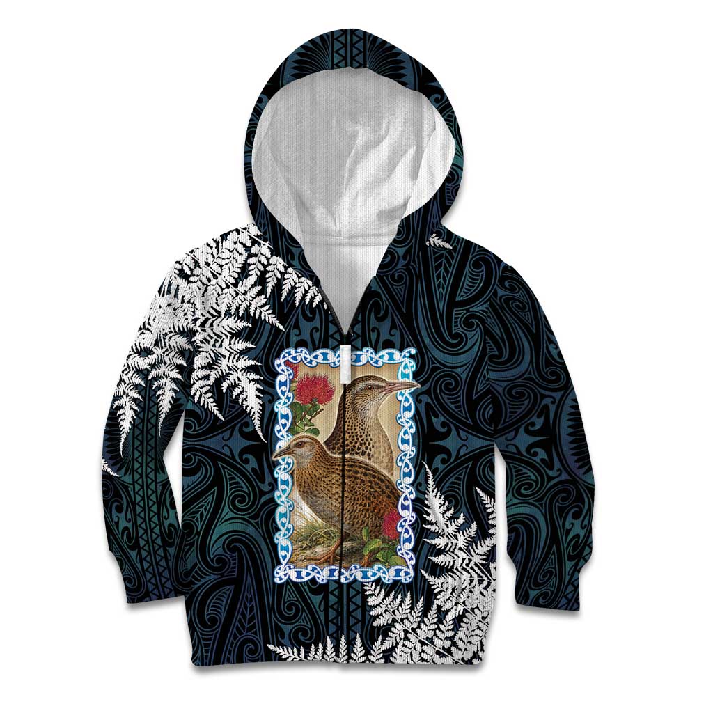 New Zealand Weka Kid Hoodie Maori Hen Koru Pattern LT05 Zip Hoodie Black - Polynesian Pride