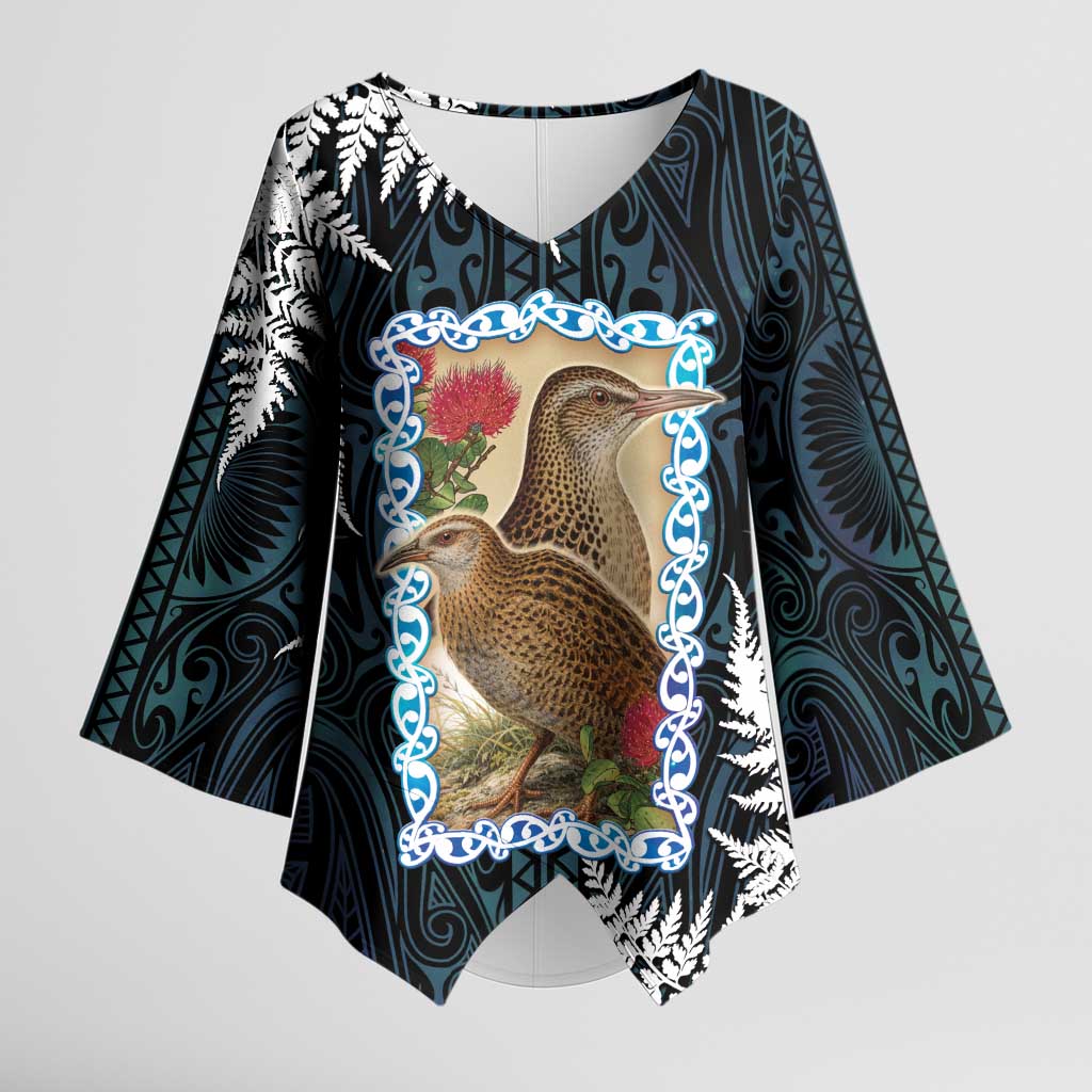 New Zealand Weka Kimono Sleeve Blouse Maori Hen Koru Pattern LT05 Female Black - Polynesian Pride