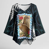 New Zealand Weka Kimono Sleeve Blouse Maori Hen Koru Pattern LT05 Female Black - Polynesian Pride