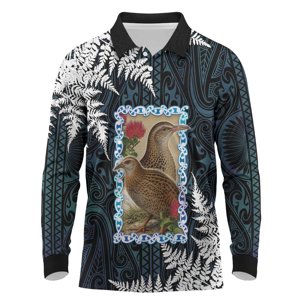 New Zealand Weka Long Sleeve Polo Shirt Maori Hen Koru Pattern LT05 Black - Polynesian Pride