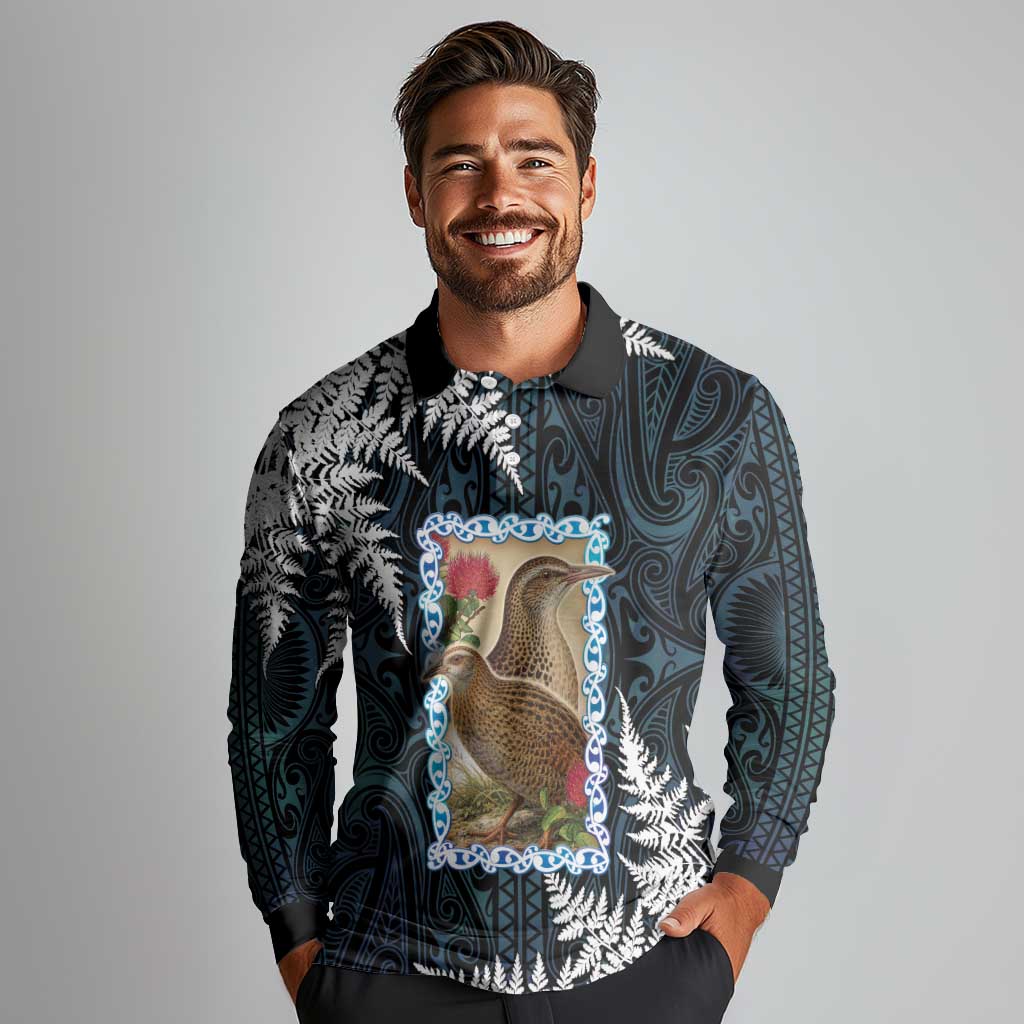 New Zealand Weka Long Sleeve Polo Shirt Maori Hen Koru Pattern LT05 - Polynesian Pride