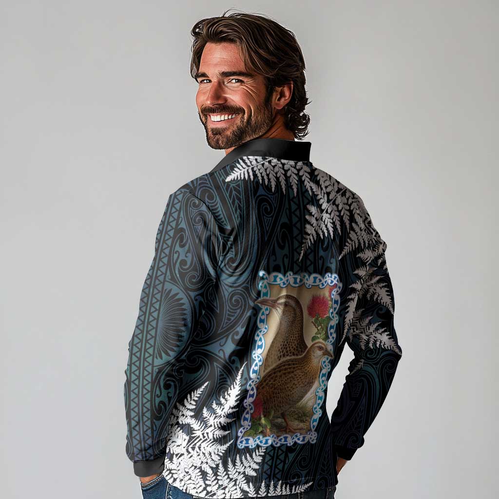 New Zealand Weka Long Sleeve Polo Shirt Maori Hen Koru Pattern LT05 - Polynesian Pride