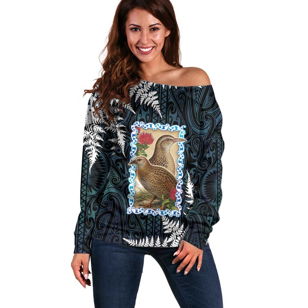New Zealand Weka Off Shoulder Sweater Maori Hen Koru Pattern LT05 Women Black - Polynesian Pride