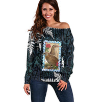New Zealand Weka Off Shoulder Sweater Maori Hen Koru Pattern LT05 Women Black - Polynesian Pride