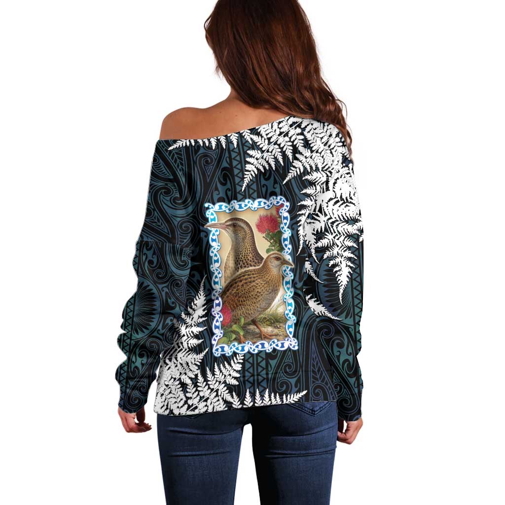 New Zealand Weka Off Shoulder Sweater Maori Hen Koru Pattern LT05 - Polynesian Pride
