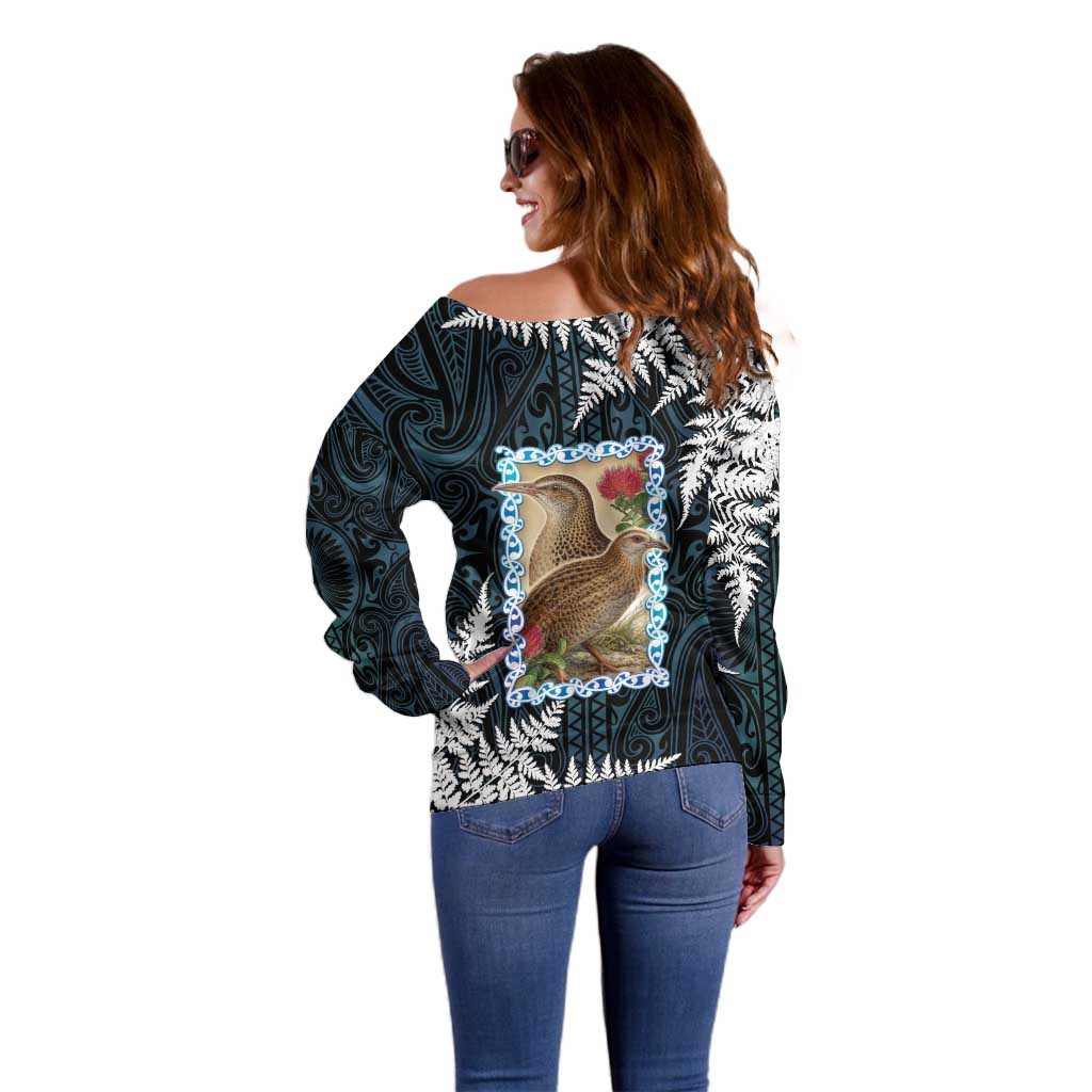 New Zealand Weka Off Shoulder Sweater Maori Hen Koru Pattern LT05 - Polynesian Pride