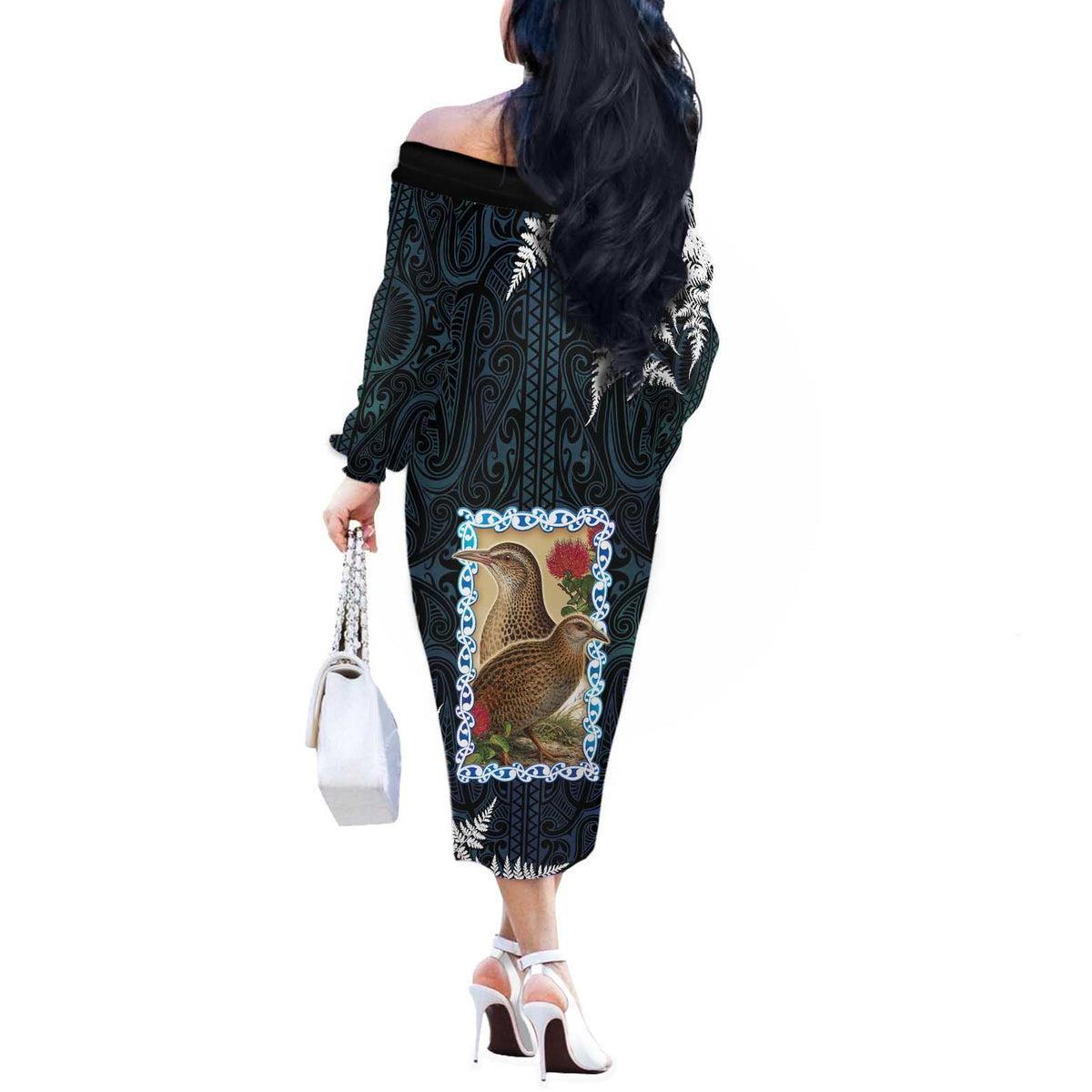 New Zealand Weka Off The Shoulder Long Sleeve Dress Maori Hen Koru Pattern LT05 - Polynesian Pride
